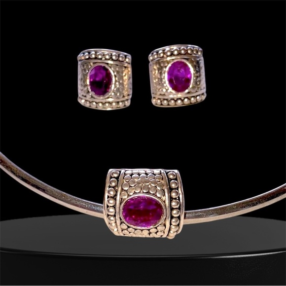 None Jewelry - Y2K Pink Slide Pendant and Earrings Set Clip Earrings Antique Silver Tone Metal